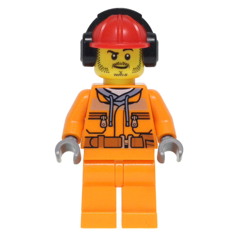 fig-008278 – Construction Worker, Safety Jacket over Hoodie with Belt, Orange Legs, Red Hard Hat with Ear Defenders, Stubble
