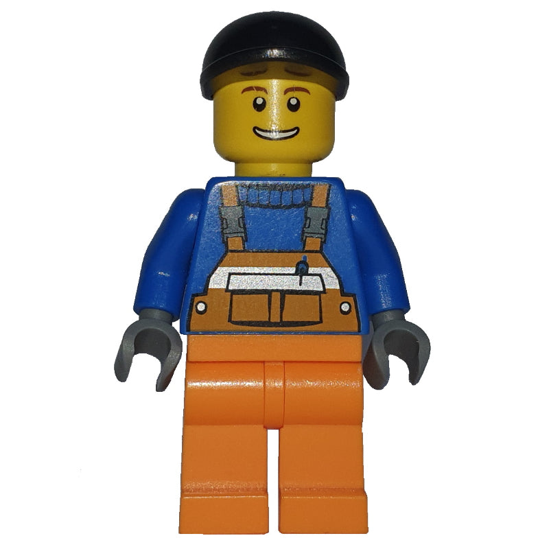 fig-008279 – Construction Worker, Orange Overalls over Blue Sweater, Black Cap