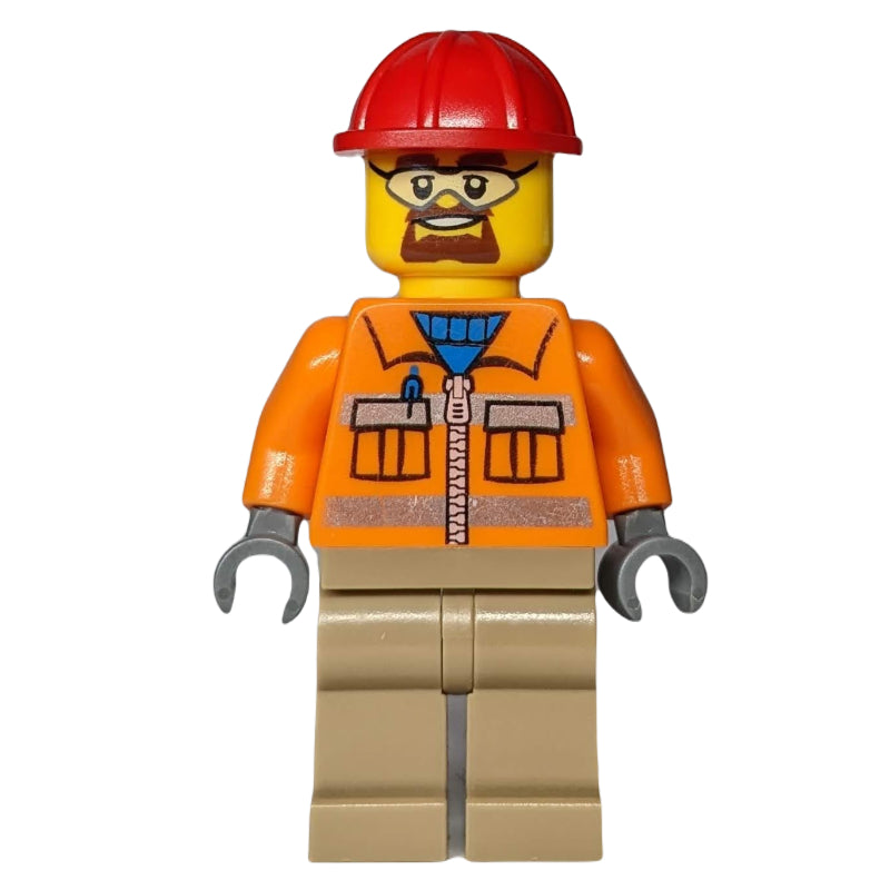 fig-008280 – Construction Worker, Orange Jacket with Zipper and Reflective Stripes, Dark Tan Legs, Red Hard Hat, Goatee Beard and Safety Glasses