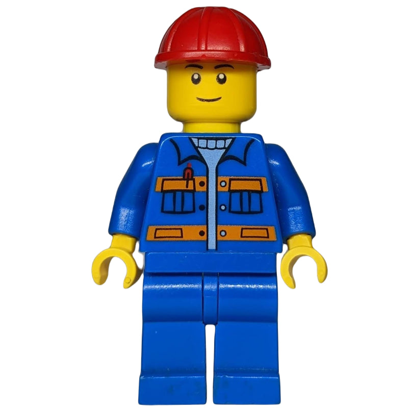 fig-008281 – Construction Worker, Blue Jacket with Orange Stripes, Blue Legs, Red Hard Hat
