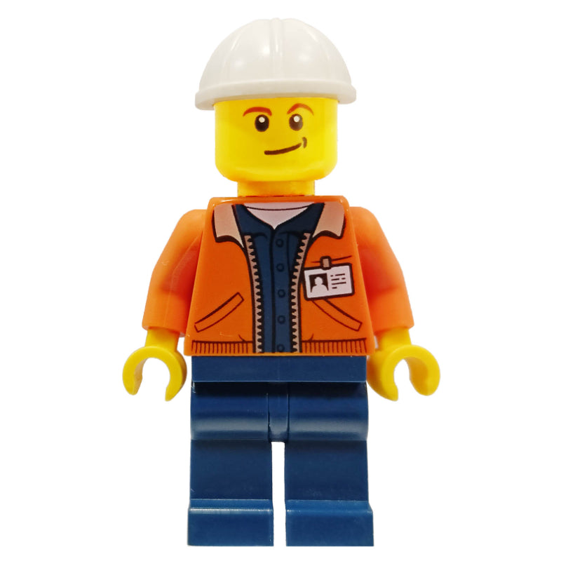 fig-008282 – Miner, Open Orange Jacket with ID Badge, White Hard Hat