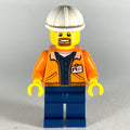 fig-008283 – Miner, Open Orange Jacket with ID Badge, White Hard Hat, Goatee Beard