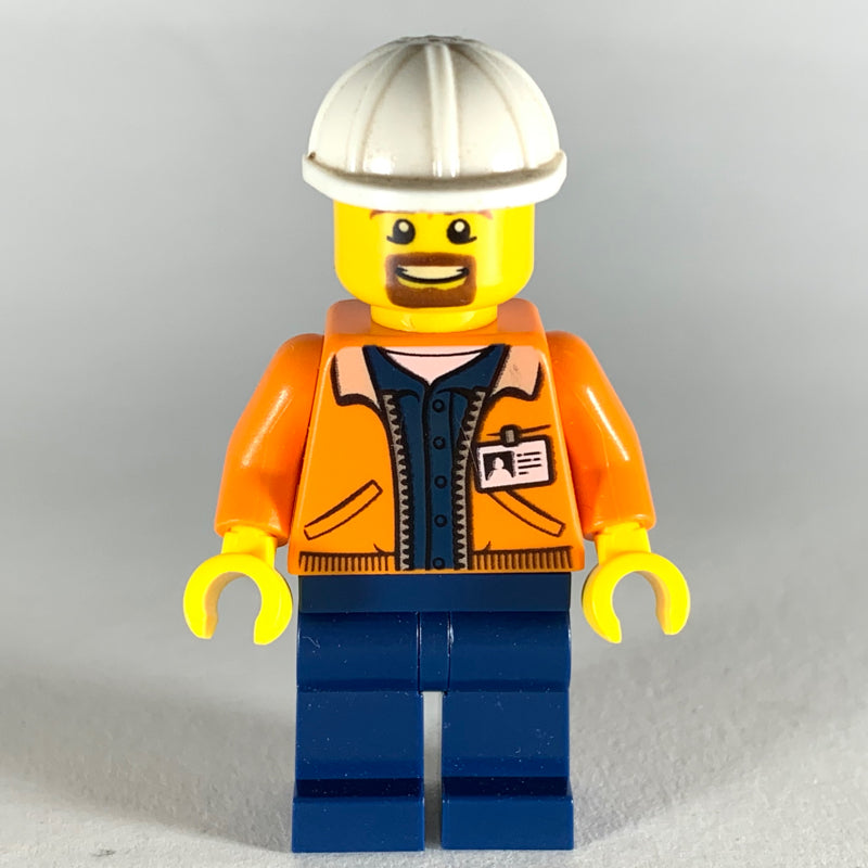 fig-008283 – Miner, Open Orange Jacket with ID Badge, White Hard Hat, Goatee Beard