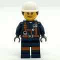 fig-008284 – Miner, Woman, Dark Blue Jacket with Straps and ID Badge, White Hard Hat with Hair