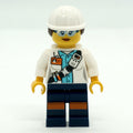 fig-008285 – Miner, Woman, Open White Jacket with Shoulder Belt and ID Badge, White Hard Hat with Hair, Safety Glasses