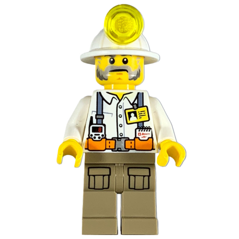 fig-008286 – Miner, White Shirt with Straps and ID Badge, White Mining Hat, Mutton Chops and Moustache