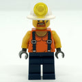 fig-008287 – Miner, Orange Vest with Suspenders, Mining Hat, Goatee Beard and Dirty