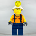 fig-008288 – Miner, Orange Vest with Suspenders, Mining Hat, Sweat Drops