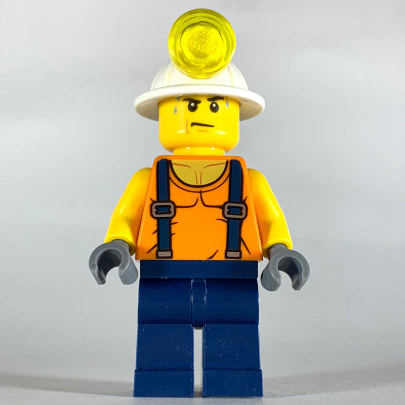 fig-008288 – Miner, Orange Vest with Suspenders, Mining Hat, Sweat Drops