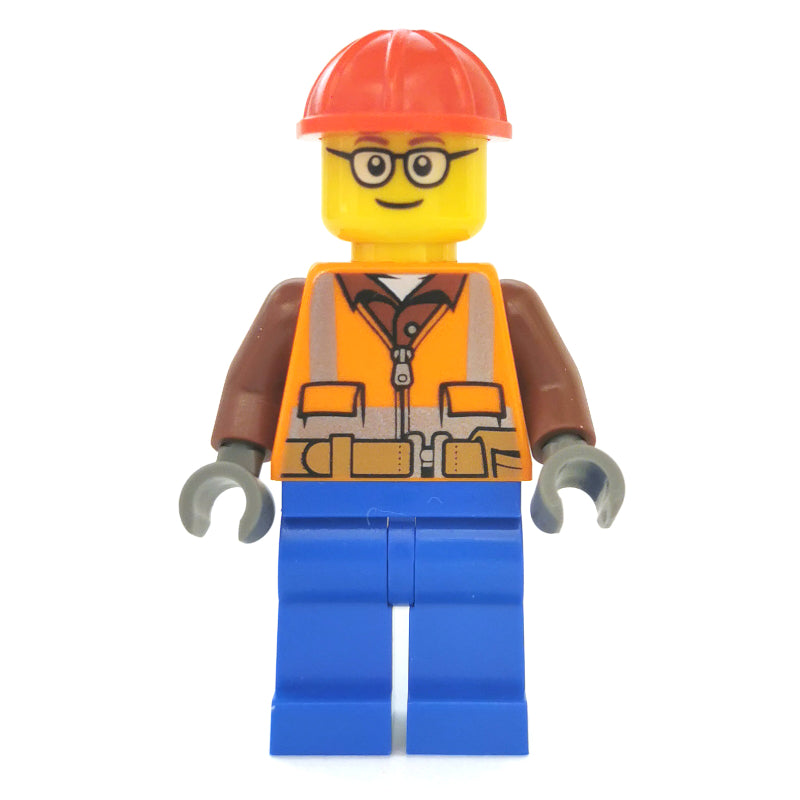 fig-008291 – Construction Worker, Orange Safety Vest with Zipper over Reddish Brown Shirt, Blue Legs, Red Hard Hat, Glasses