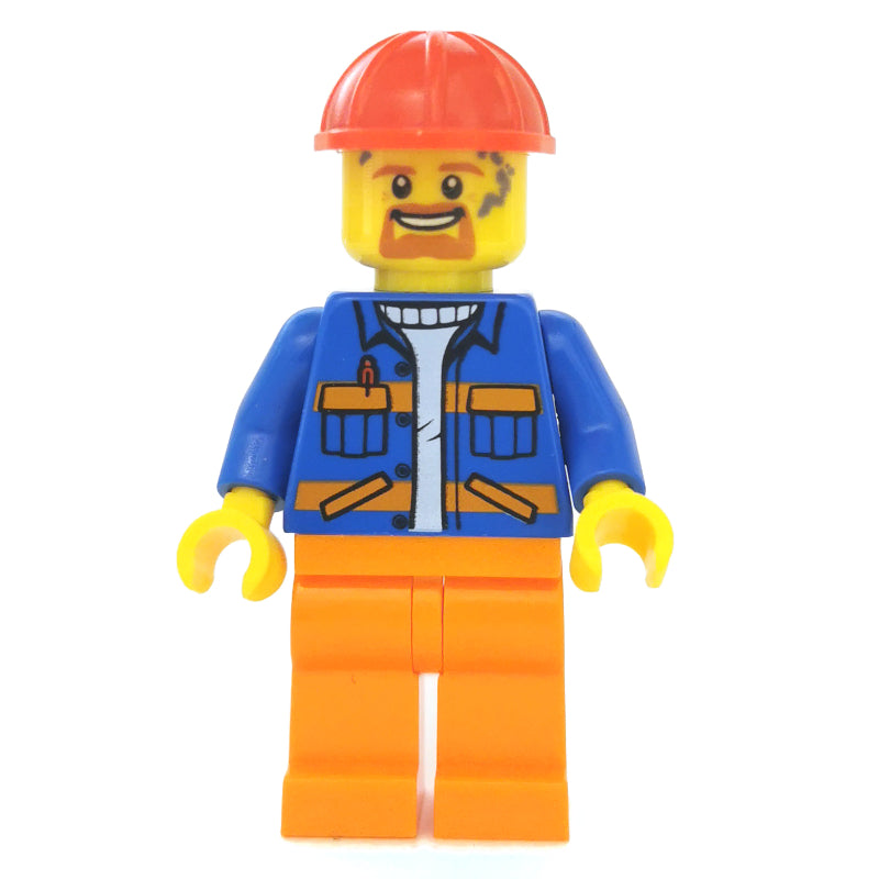 fig-008292 – Construction Worker, Blue Jacket with Orange Stripes, Orange Legs, Red Hard Hat, Goatee Beard and Dirty