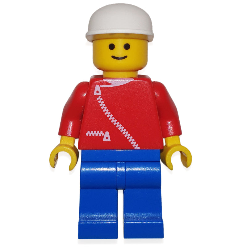fig-008294 – Man, Red Jacket with Zipper and Pockets, Blue Legs, White Cap