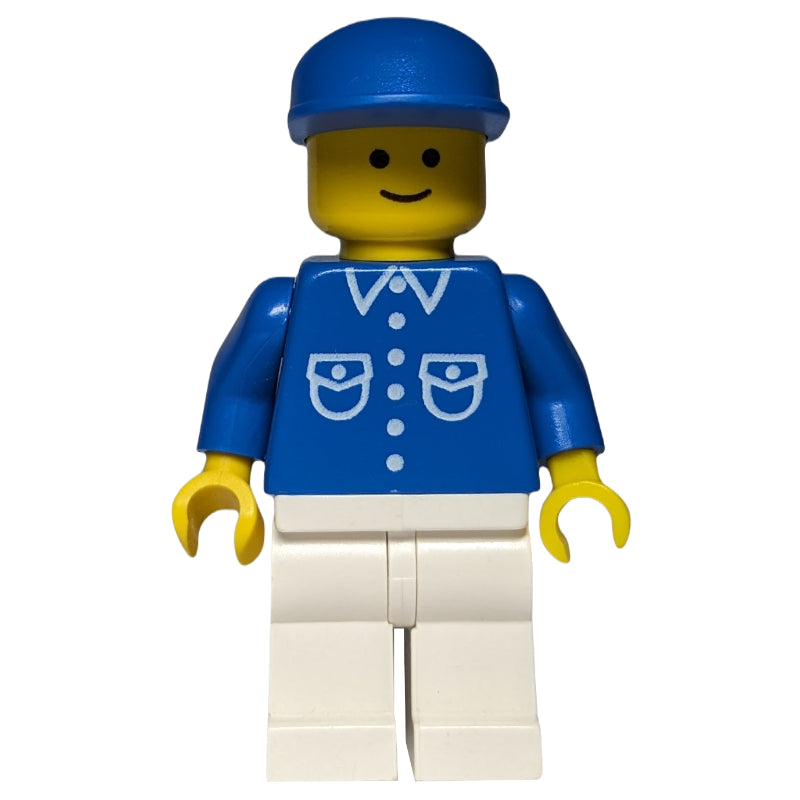 fig-008296 – Man, Blue Shirt with Buttons and Pockets, White Legs, Blue Cap