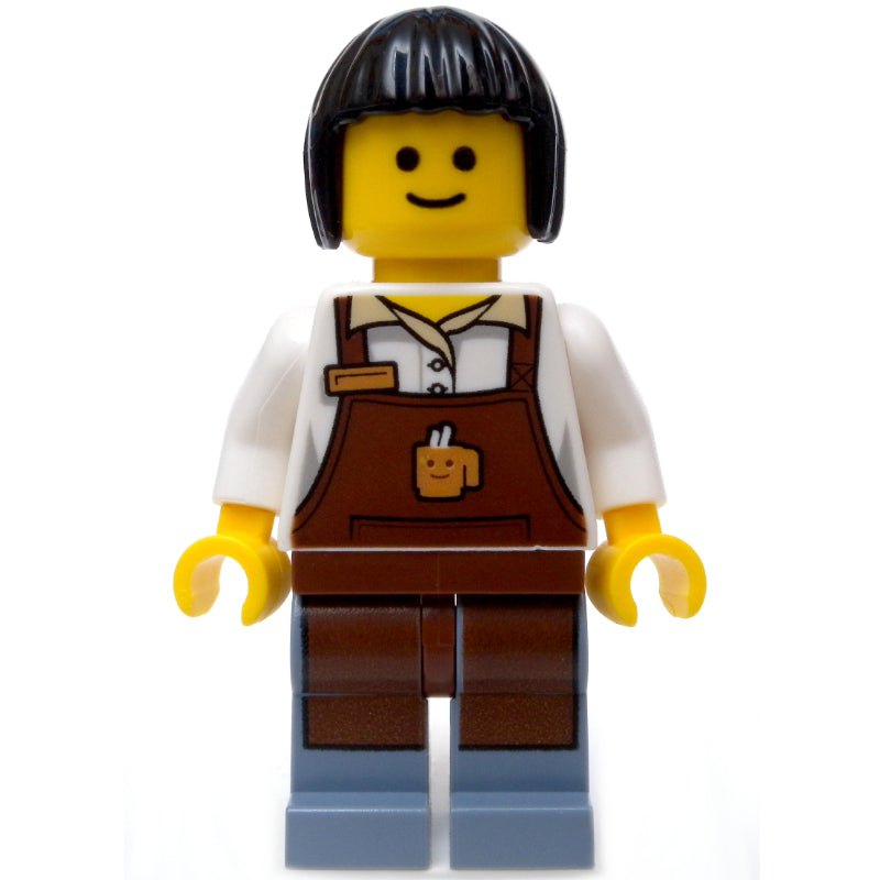 fig-008313 – Barista, White Torso, Reddish Brown Apron, Sand Blue Legs, Dark Gray Side Shadows