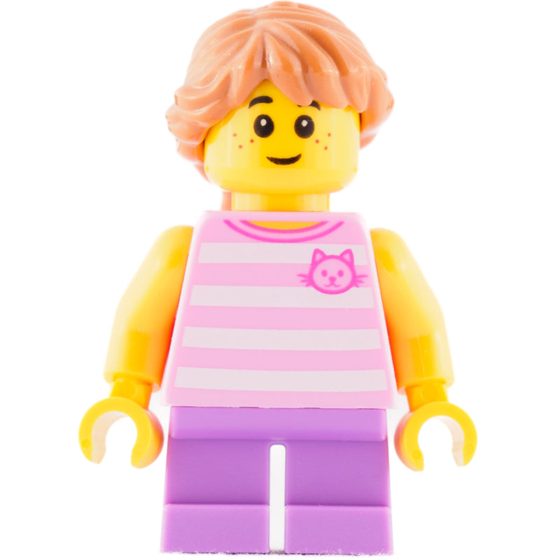 fig-008327 – Kid, Bright Pink Torso, Medium Lavender Legs, Medium Nougat Hair