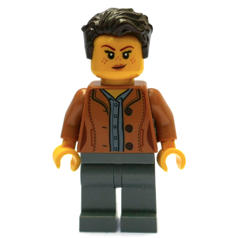 fig-008431 – Medium Nougat Torso, Dark Bluish Grey Legs, Dark Brown Hair