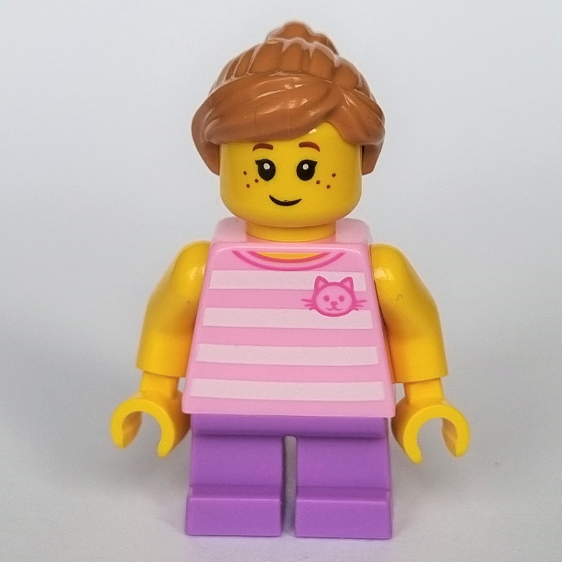 fig-008444 – Kid, Bright Pink Torso, Medium Lavender Legs, Medium Nougat Hair