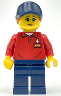 fig-008447 – LEGOLAND Employee, Red Torso, Dark Blue Legs, Dark Blue Cap, Reddish Brown Hair