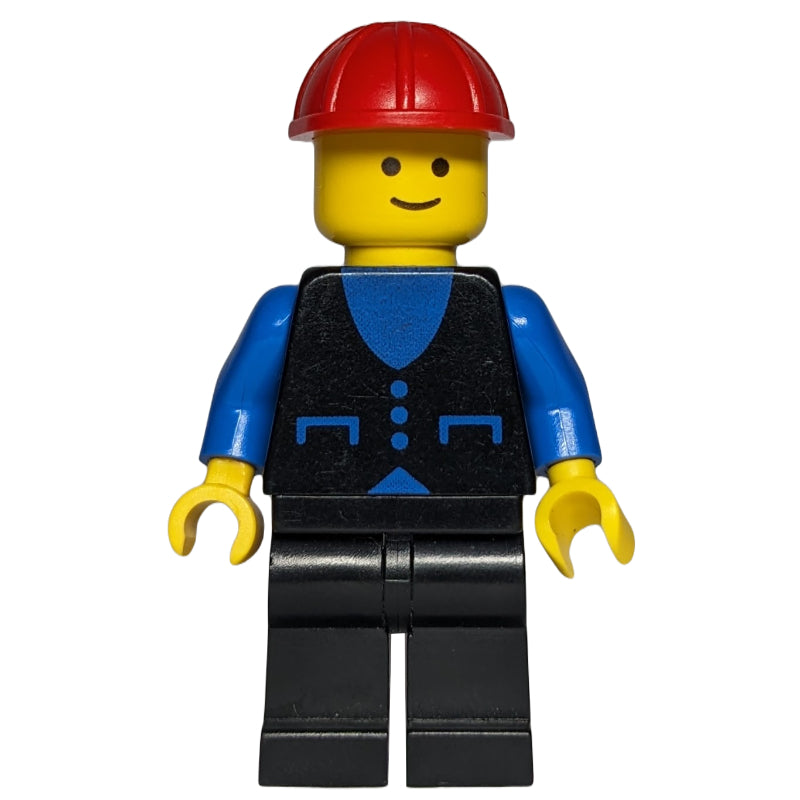 fig-008472 – Man, Black Vest over Blue Shirt, Black Legs, Red Hard Hat