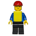fig-008473 – Construction Worker, Blue Shirt with Pockets and Buttons, Black Legs, Red Hard Hat, Yellow Vest