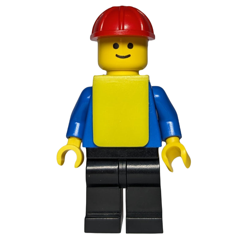 fig-008473 – Construction Worker, Blue Shirt with Pockets and Buttons, Black Legs, Red Hard Hat, Yellow Vest
