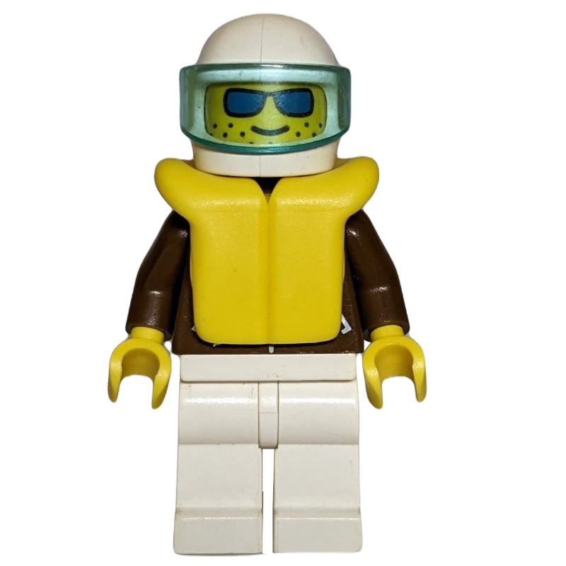 fig-008474 – Racer, Brown Jacker with Zipper, White Legs, White Helmet with Visor, Yellow Life Vest, Blue Sunglasses