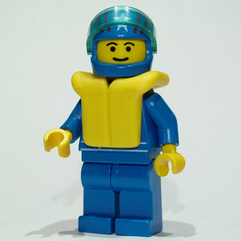 fig-008475 – Racer, Blue Jacket with Octan Logo, Blue Legs, Blue Helmet with Stars and Visor, Yellow Life Vest
