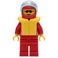 fig-008476 – Racer, Red Jacket with Octan Logo and 'RACING', Red Legs, Red Helmet with Star and Visor, Yellow Life Vest, Sunglasses