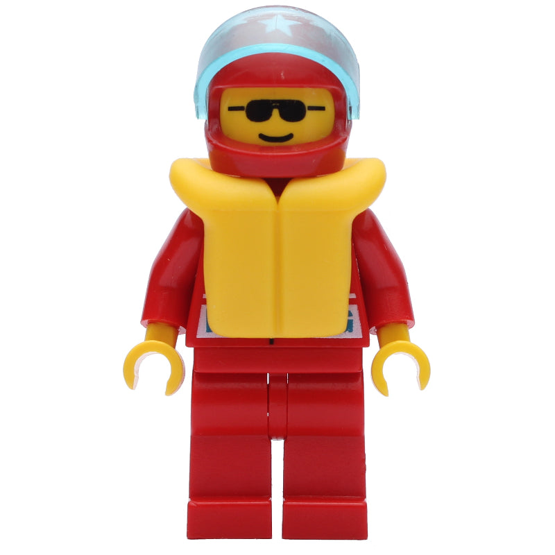 fig-008476 – Racer, Red Jacket with Octan Logo and 'RACING', Red Legs, Red Helmet with Star and Visor, Yellow Life Vest, Sunglasses