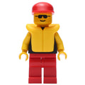 fig-008477 – Man, Black Torso with Yellow Arms, Red Legs, Red Cap, Yellow Life Vest, Sunglasses