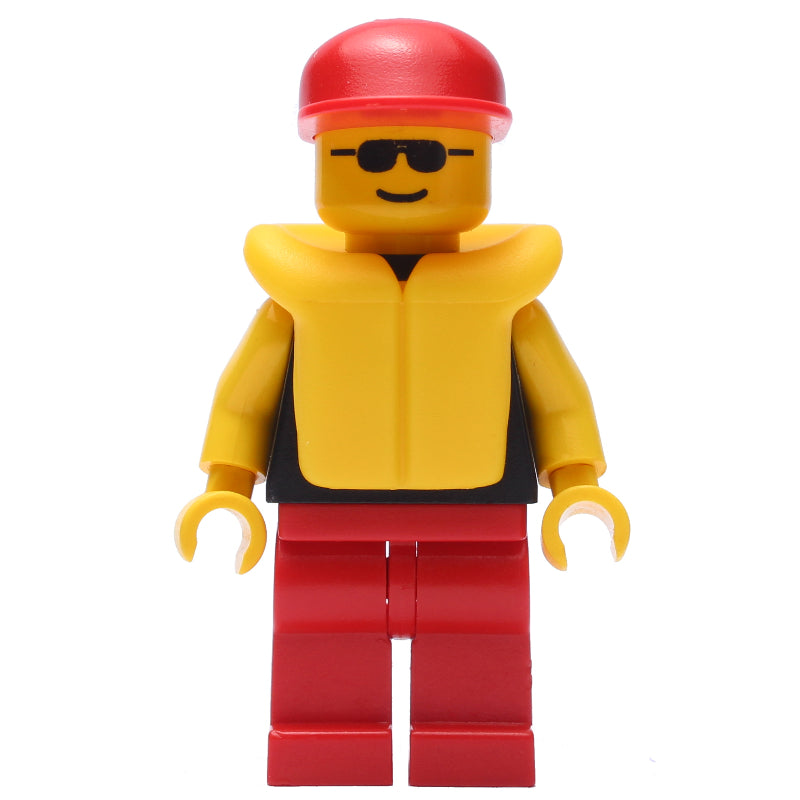 fig-008477 – Man, Black Torso with Yellow Arms, Red Legs, Red Cap, Yellow Life Vest, Sunglasses
