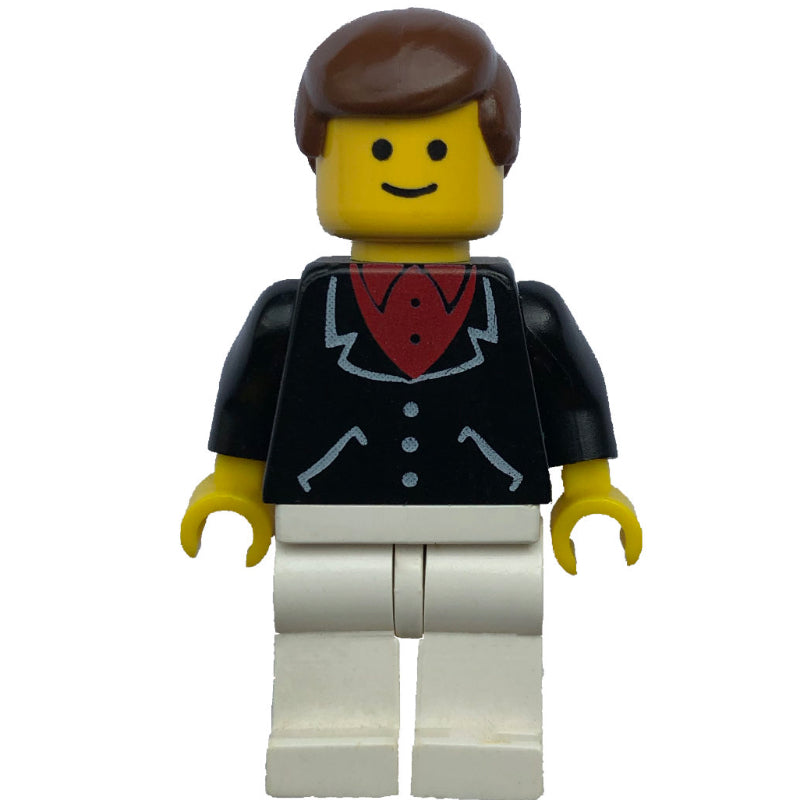 fig-008479 – Man, Black Jacket over Red Shirt, White Legs, Brown Hair