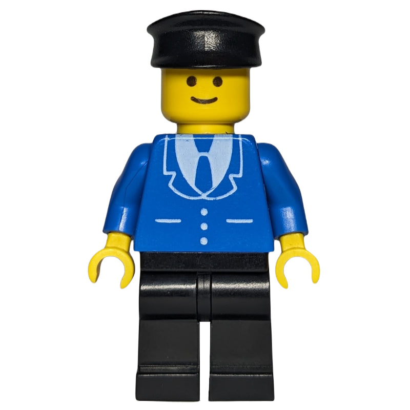 fig-008480 – Man, Blue Jacket with Tie and Three Buttons, Black Legs, Black Hat