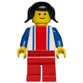 fig-008481 – Woman, White Top with Large Red Stripe and 2 Blue Stripes, Red Legs, Black Hair