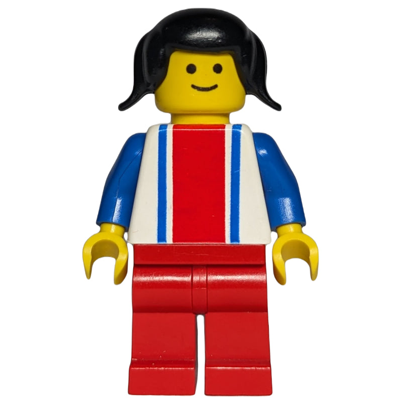 fig-008481 – Woman, White Top with Large Red Stripe and 2 Blue Stripes, Red Legs, Black Hair