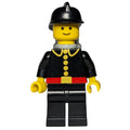fig-008482 – Fireman, Classic, Black Fire Jacket with Red Belt and Buttons, Black Helmet, Airtanks