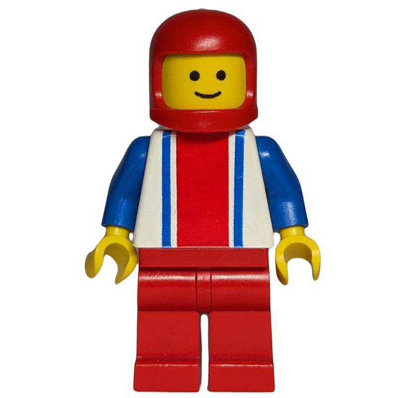 fig-008483 – Man, White Top with Large Red Stripe and 2 Blue Stripes, Red Legs, Red Helmet