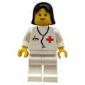fig-008484 – Doctor, Woman, White Jacket with Red Cross and Stethoscope, Black Hair (3626a Head)