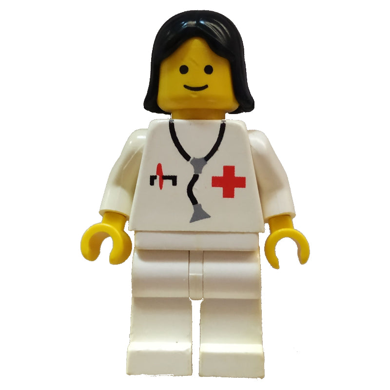 fig-008484 – Doctor, Woman, White Jacket with Red Cross and Stethoscope, Black Hair (3626a Head)