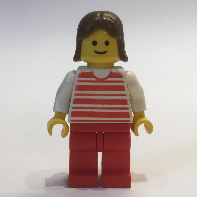 fig-008485 – Woman, Red and White Striped Shirt, Red Legs, Brown Hair (3626a Head)