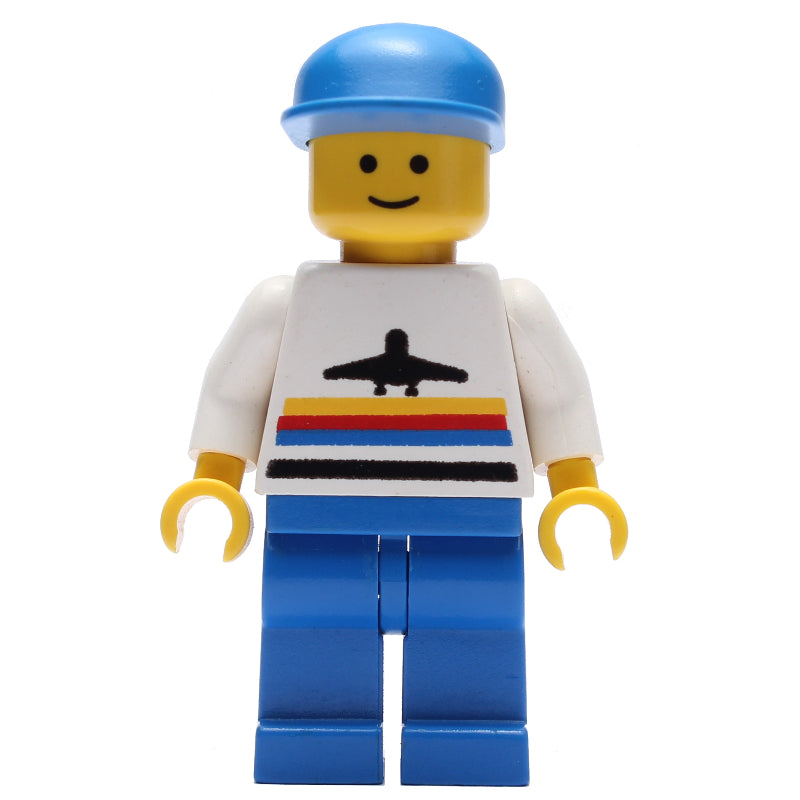 fig-008488 – Man, White Shirt with Airplane, Blue Legs, Blue Cap