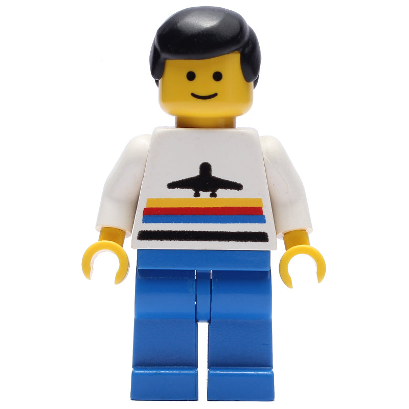 fig-008490 – Man, White Shirt with Airplane, Blue Legs, Black Hair