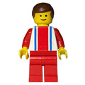 fig-008499 – Man, White Top with Large Red Stripe and 2 Blue Stripes, Red Legs, Brown Hair (3626b Head)