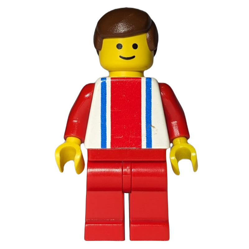 fig-008499 – Man, White Top with Large Red Stripe and 2 Blue Stripes, Red Legs, Brown Hair (3626b Head)