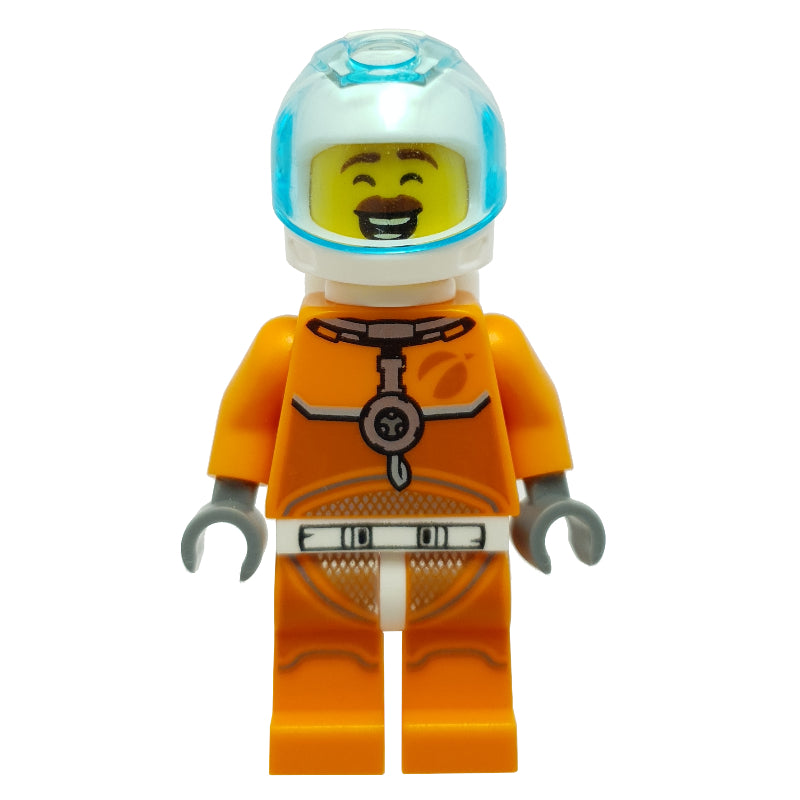 fig-008528 – Astronaut - Orange Torso and Legs, White Helmet, Trans-Light Blue Visor, Reddish Brown Mustache