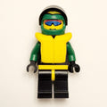 fig-008544 – Racer, Extreme Team, Black Jacket, Black Legs, Green Helmet with Visor, Yellow Life Vest, Blue Sunglasses
