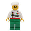 fig-008548 – Racer, White Jacket with Octan Logo and 'RACE' and 'TEAM', Green Legs, White Cap, Moustache