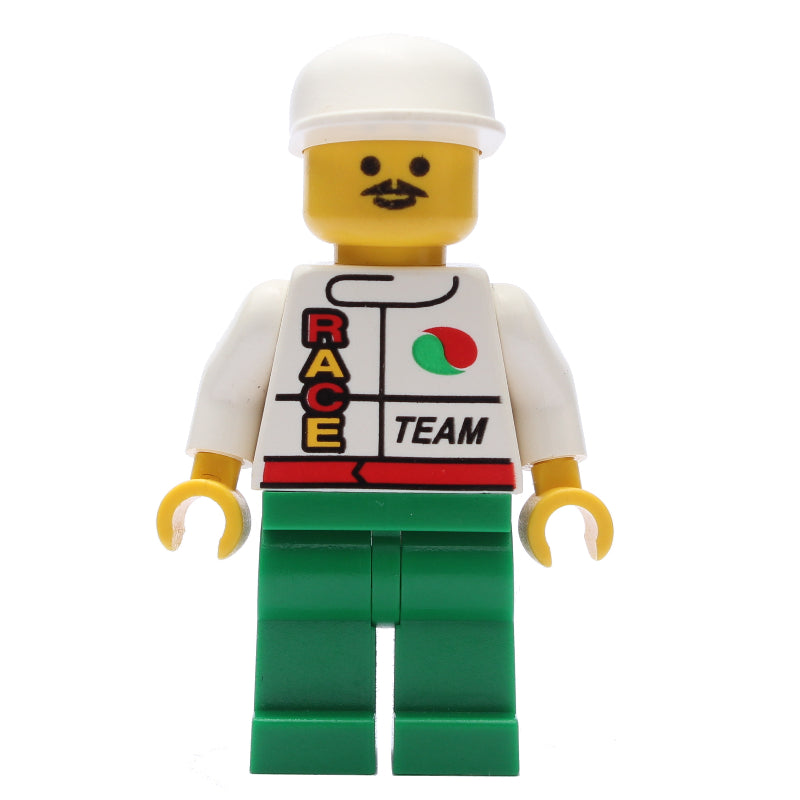 fig-008548 – Racer, White Jacket with Octan Logo and 'RACE' and 'TEAM', Green Legs, White Cap, Moustache