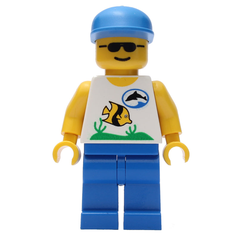 fig-008553 – Marine Explorer, White Shirt with Fish, Blue Cap, Sunglasses