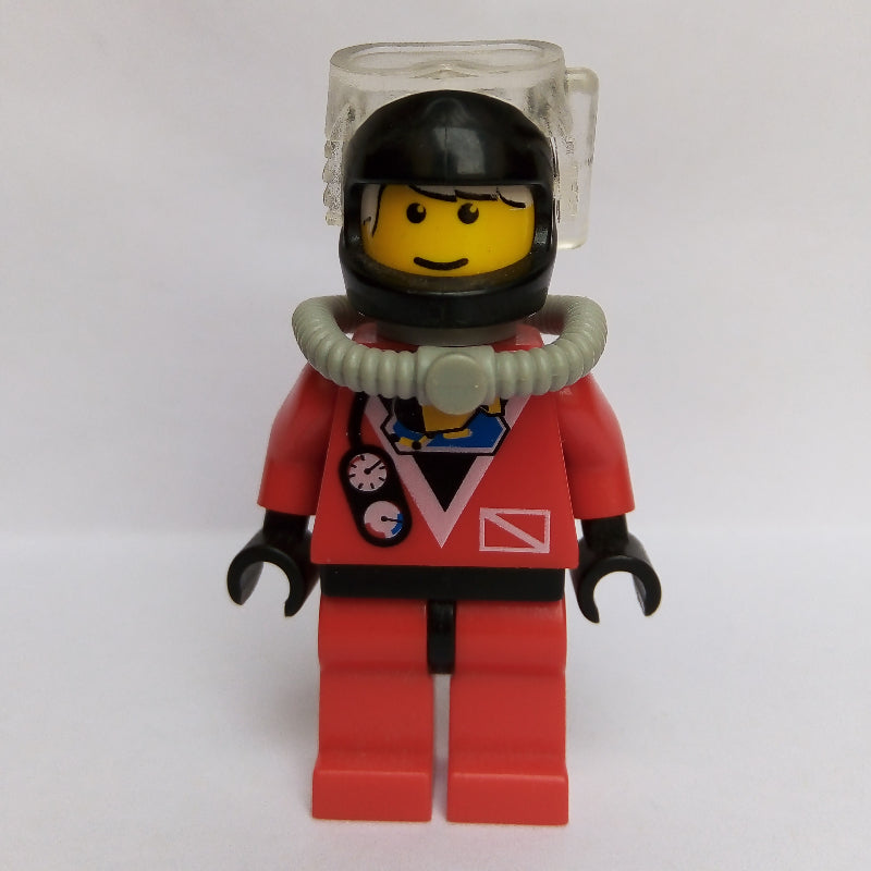 fig-008557 – Diver, Man, Red Wetsuit, Black Helmet with Mask, Airtank, Printed White Hair